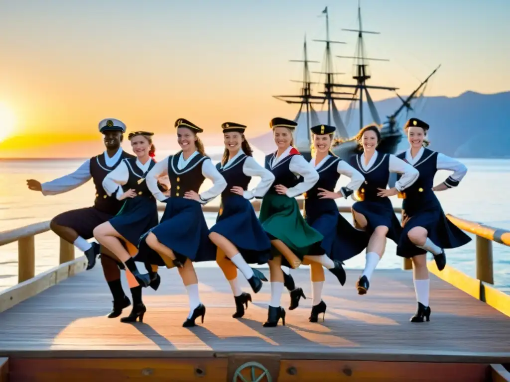 Grupo de bailarines marítimos ejecutando el Hornpipe al atardecer en muelle de madera con barco histórico al fondo