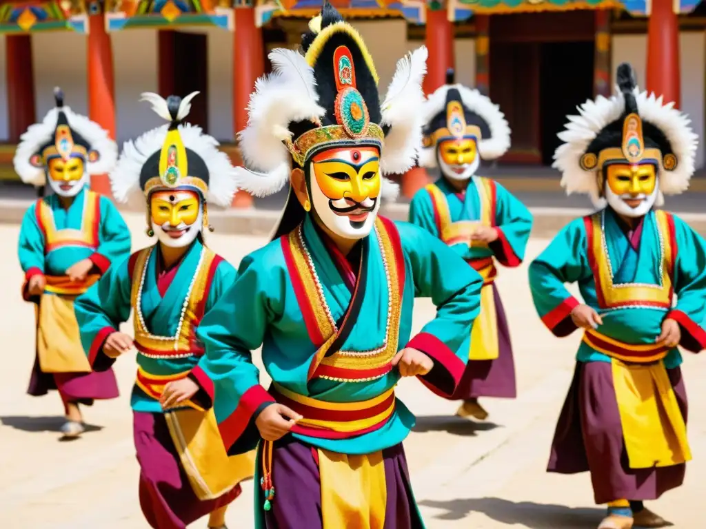 Grupo de bailarines con máscaras tradicionales en el templo de Bután