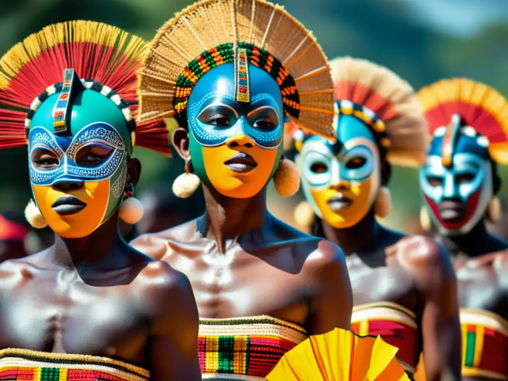 Grupo de bailarines Makishi de Zambia con máscaras y trajes vibrantes, representando el significado cultural de la Danza Makishi