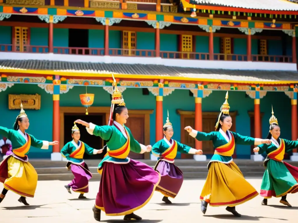 Grupo de bailarines con máscaras y trajes coloridos en el misterioso Festival de Danzas de Bhután, rodeados de espectadores vestidos tradicionalmente