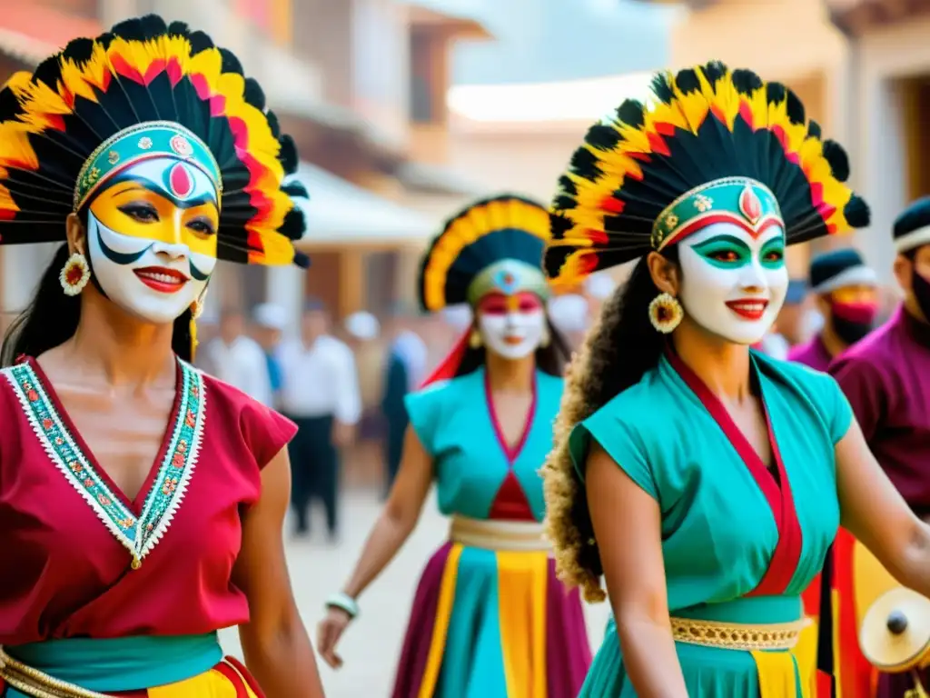 Grupo de bailarines Zaouli con máscaras y trajes tradicionales, danza energética y colorida en Costa de Marfil