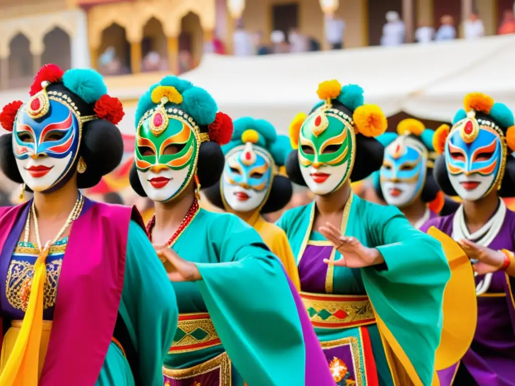 Grupo de bailarines Zaouli con máscaras vibrantes y trajes tradicionales, cautivando a la multitud con su danza