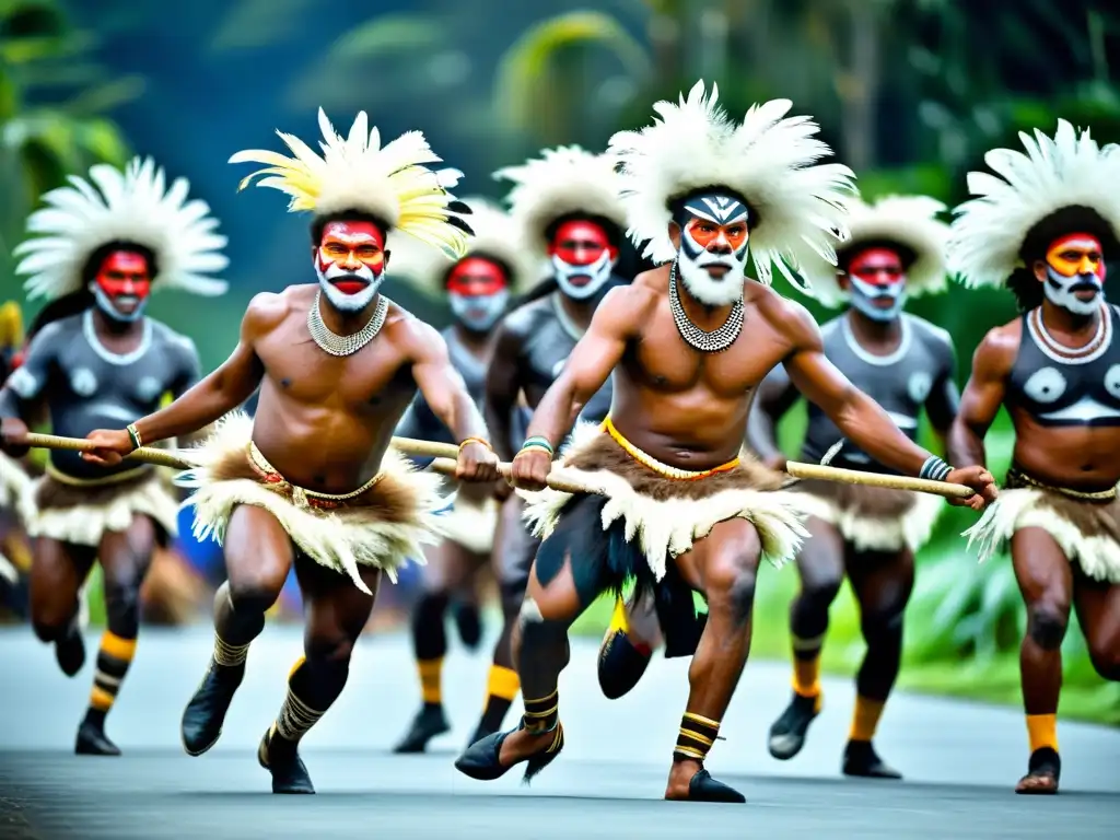 Grupo de bailarines masculinos ejecutando la danza del palo de guerra de Papúa, con energía y significado cultural palpable