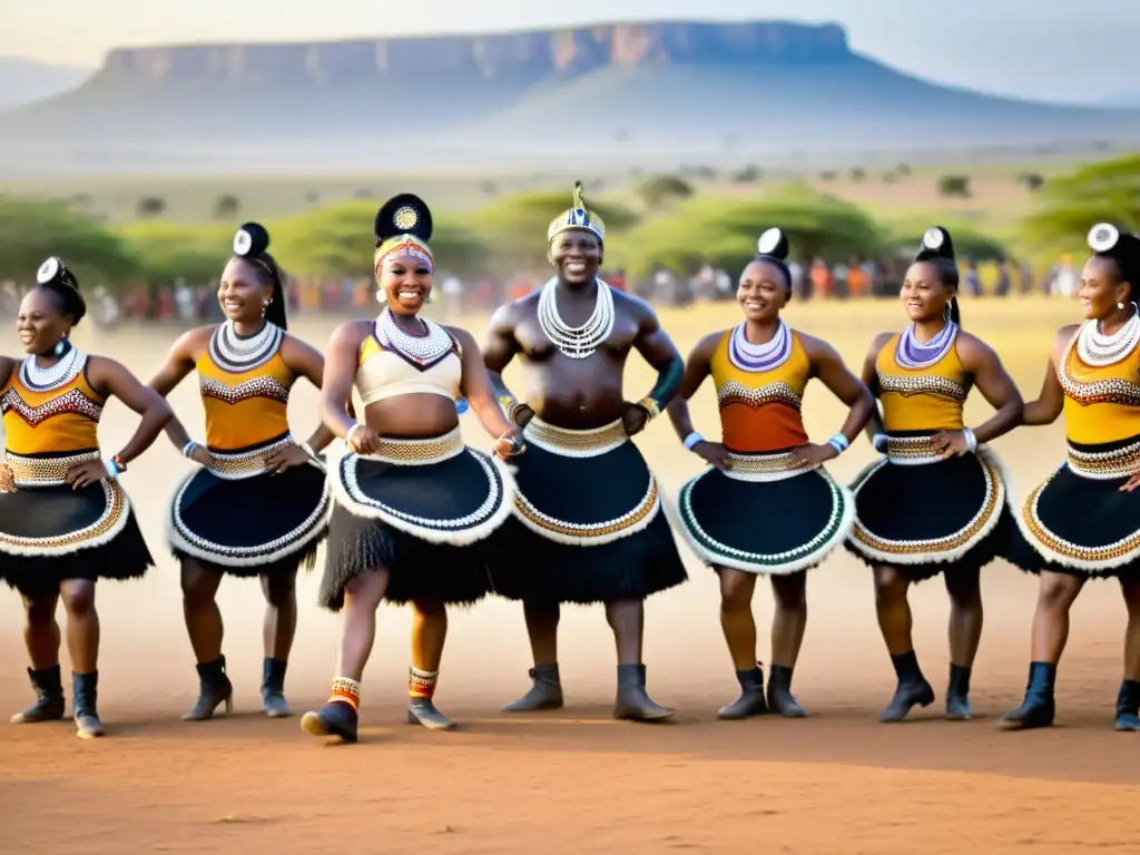 Grupo de bailarines Maskandi en atuendo tradicional Zulu, danza llena de energía y significado cultural