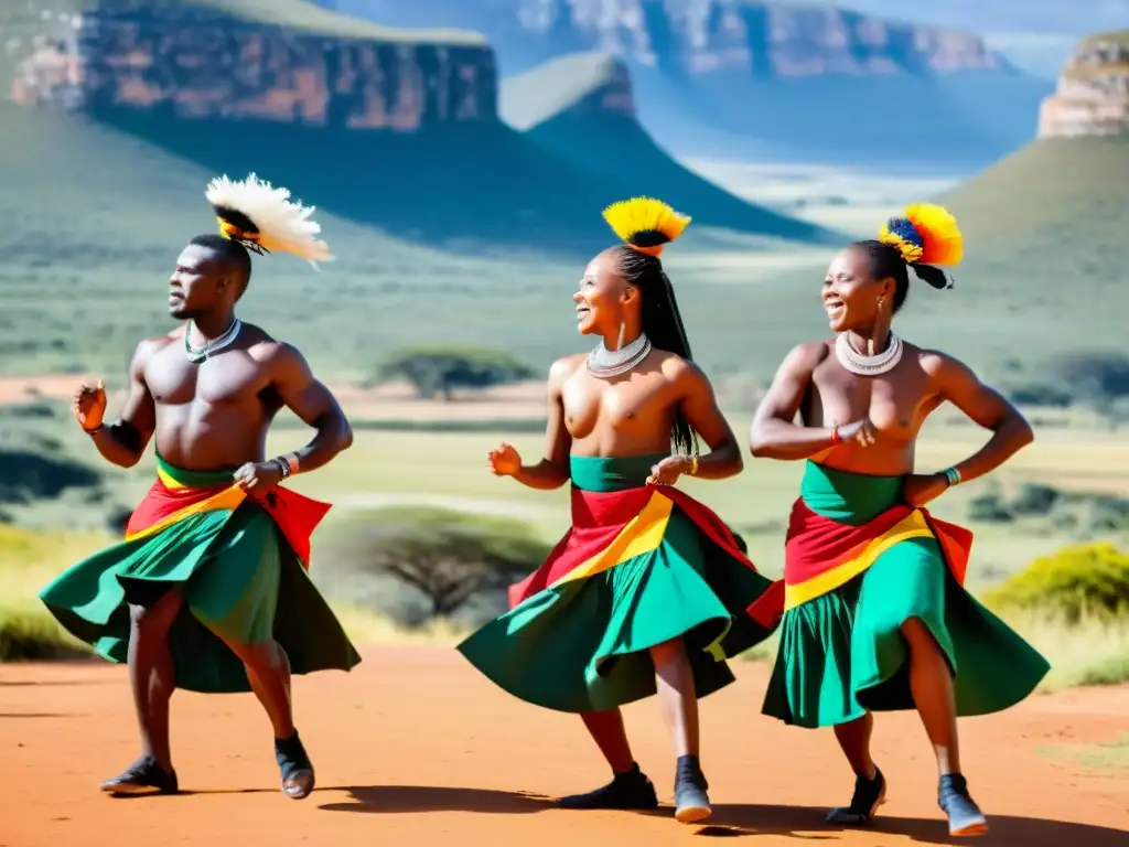 Grupo de bailarines Maskandi expresando el significado cultural de la danza con pasión y autenticidad en paisaje sudafricano vibrante