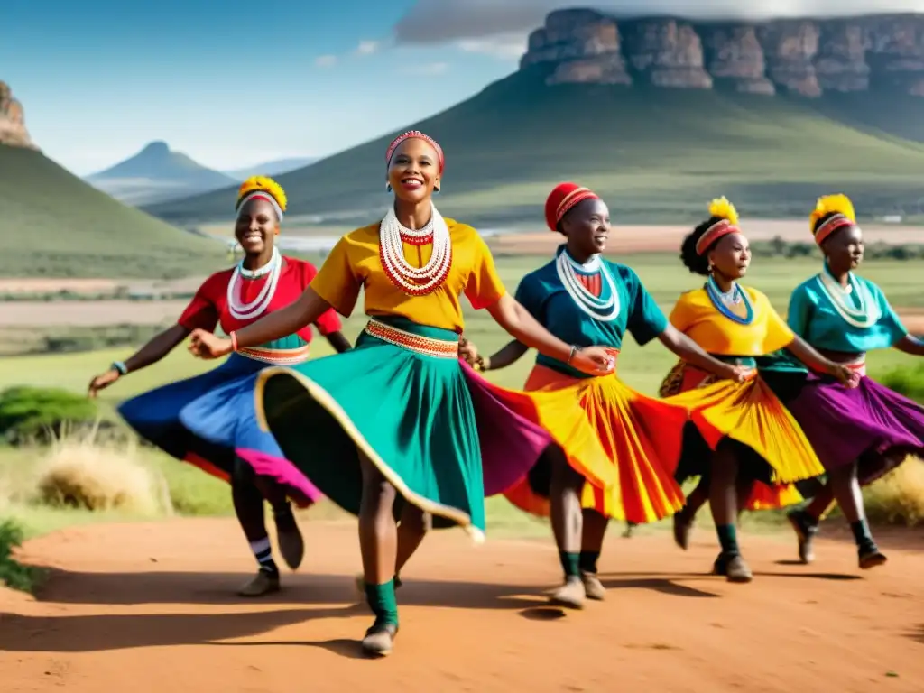 Grupo de bailarines Maskandi expresando el significado cultural de la danza en paisaje sudafricano rural