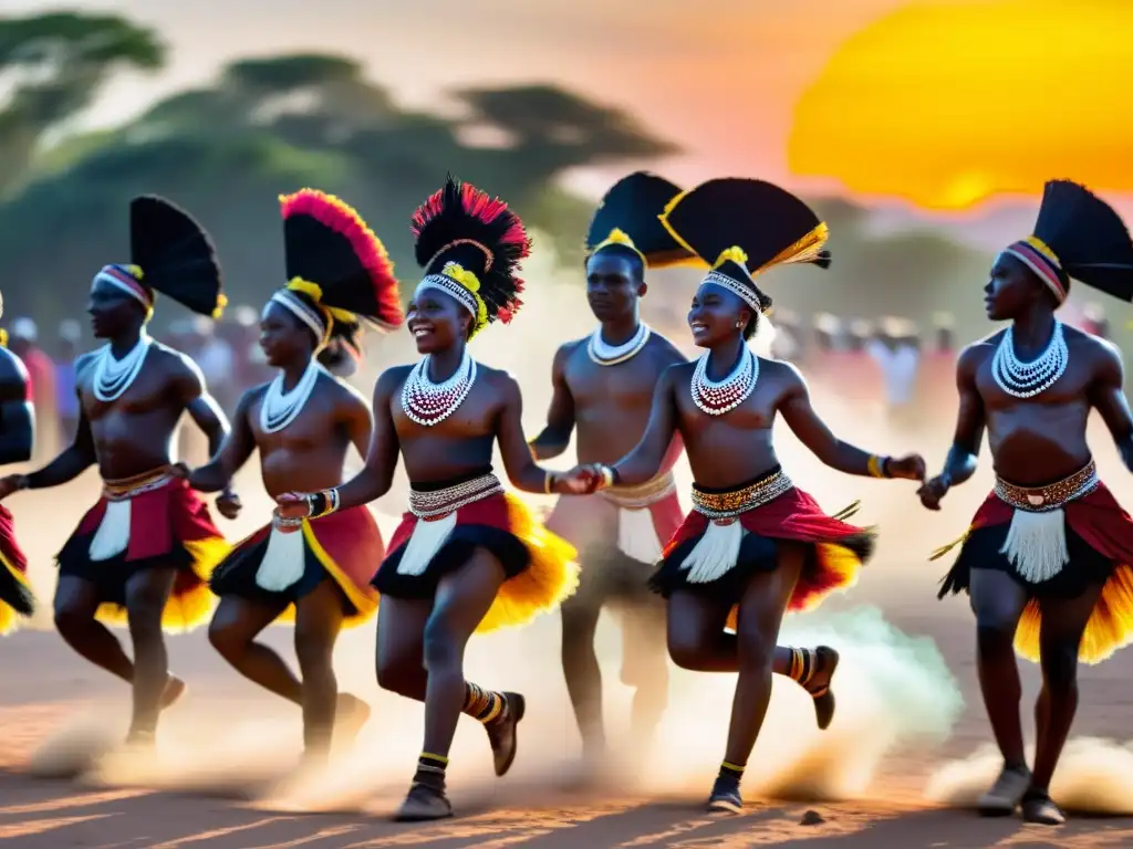 Un grupo de bailarines de Maskandi en trajes tradicionales, con adornos detallados y colores vibrantes, bailando con pasión al ritmo de la música