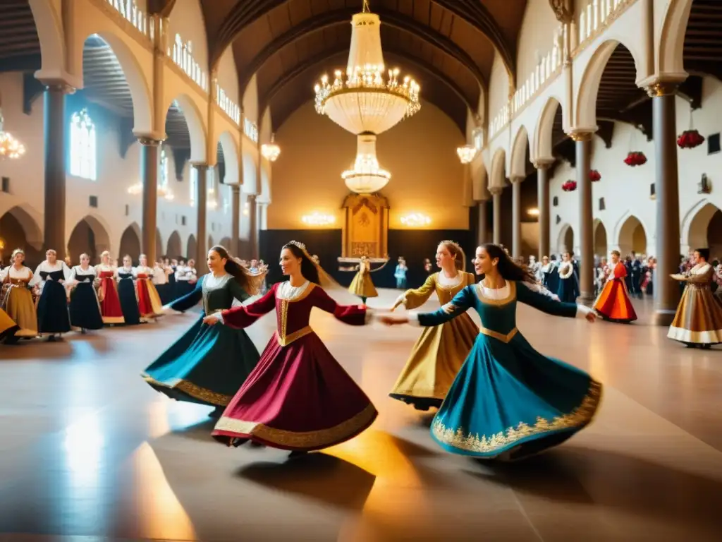 Grupo de bailarines medievales ejecutando una danza tradicional en un majestuoso salón