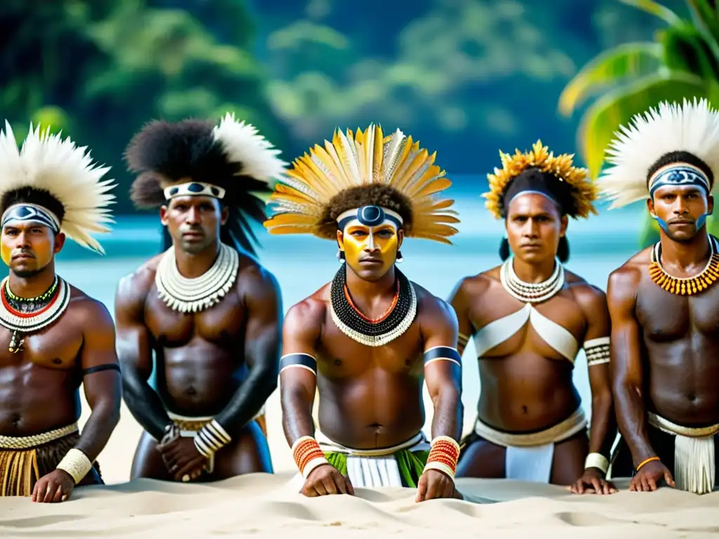 Grupo de bailarines melanesios realizando un ritual de danza tribal, inmersos en la música y las leyendas danzadas Melanesia