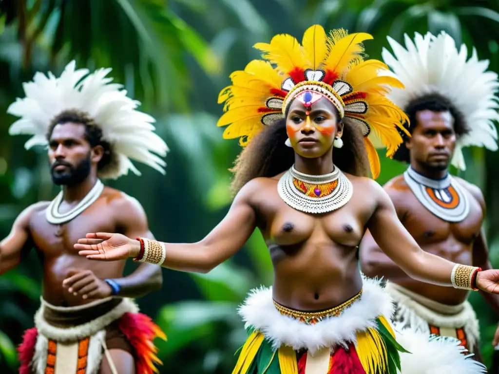 Grupo de bailarines melanesios en trajes tradicionales vibrantes, danzando entre exuberante follaje tropical