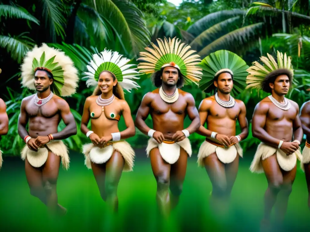 Un grupo de bailarines melanesios en trajes tradicionales danza en el Festival Melanesio, preservación cultural en la selva tropical