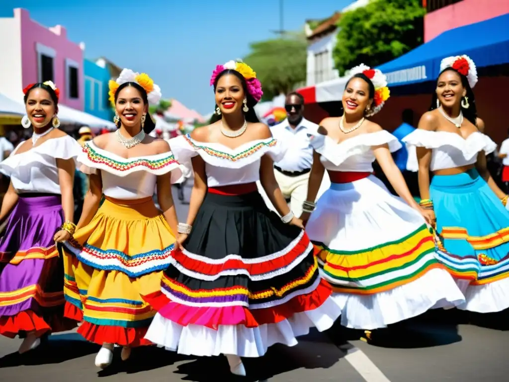 Un grupo de bailarines de merengue dominicano en trajes vibrantes y festivos, capturando la energía y la alegría de la danza tradicional