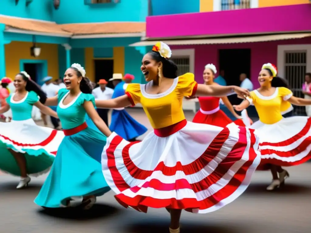 Grupo de bailarines de merengue tradicional en trajes vibrantes, moviéndose con gracia al ritmo alegre de la música en una plaza dominicana