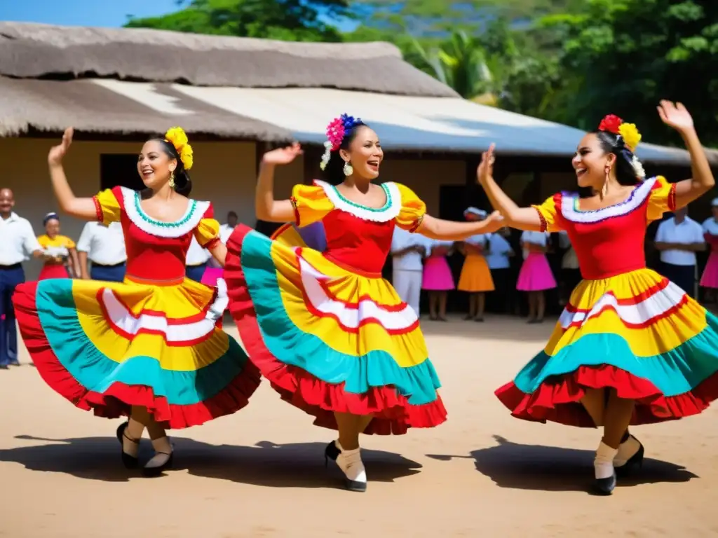 Grupo de bailarines de merengue tradicional con trajes vibrantes y patrones intrincados, creando una atmósfera alegre y cultural