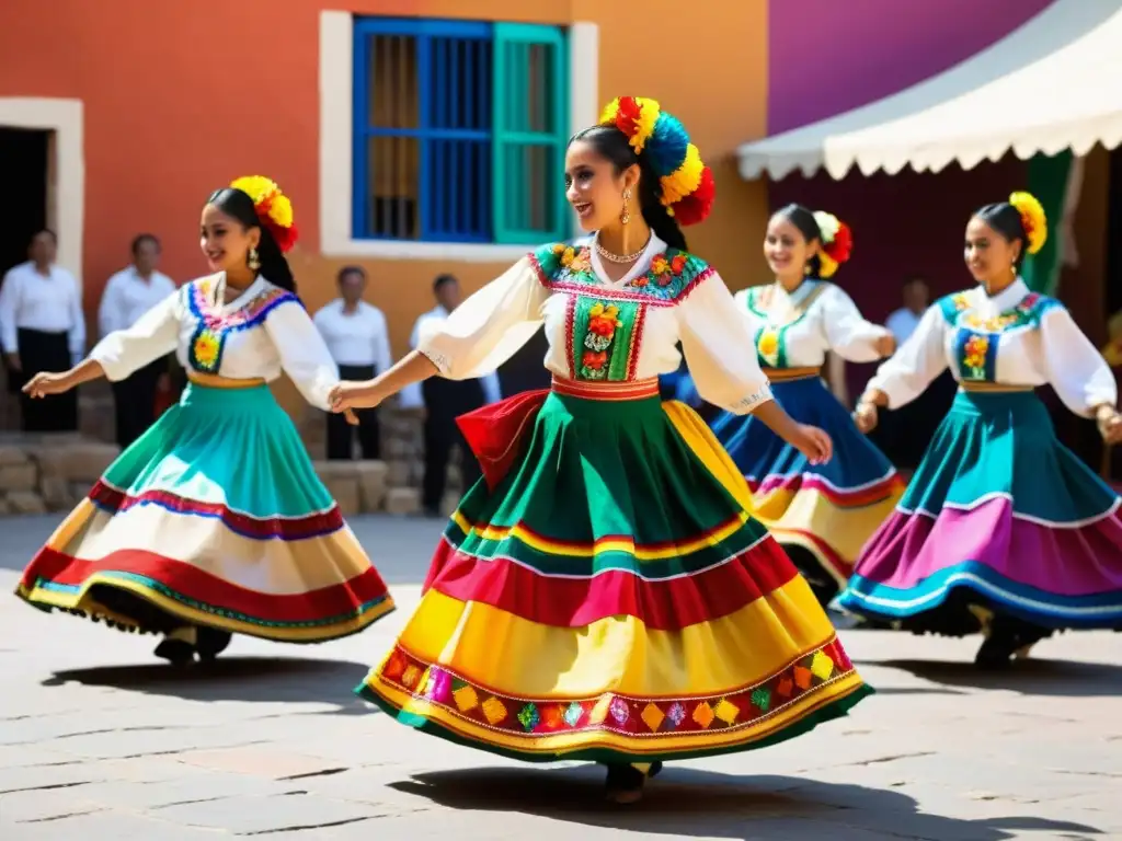 Grupo de bailarines mexicanos ejecutando danza tradicional colorida en un mercado