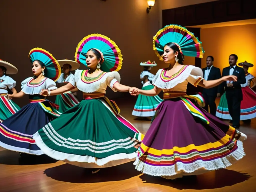 Grupo de bailarines mexicanos ejecutando la Danza de los 41 en un salón ornamentado