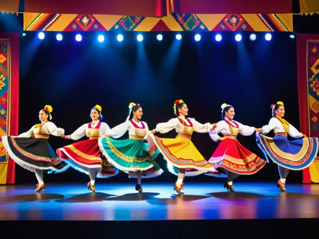 Un grupo de bailarines mexicanos y españoles realizando zapateado en el escenario, con movimientos intrincados y trajes tradicionales coloridos