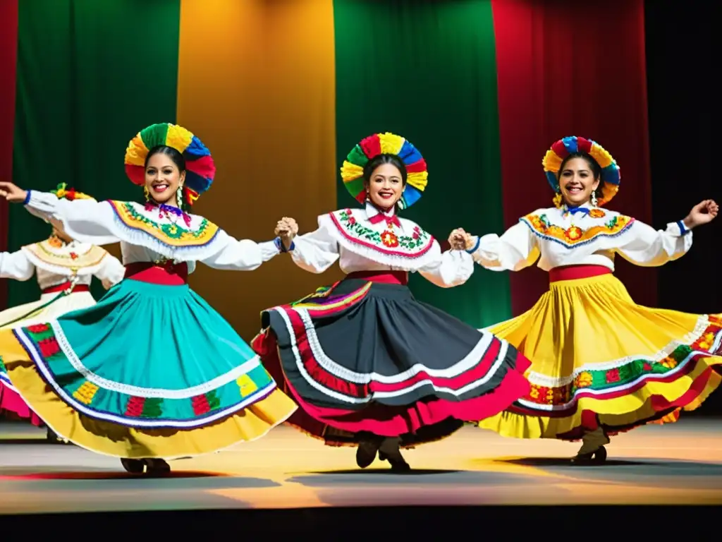 Grupo de bailarines mexicanos en Festival Folklorama danzas tradicionales mundo, con trajes vibrantes y movimientos llenos de pasión y alegría