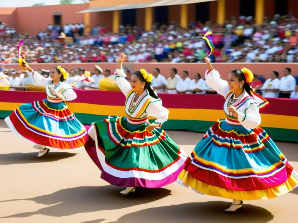 Grupo de bailarines mexicanos en el festival Guelaguetza, con trajes vibrantes y saltos acrobáticos