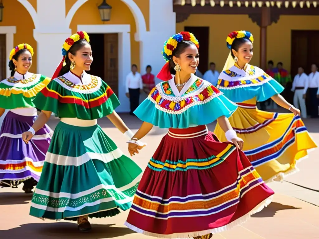 Grupo de bailarines mexicanos ejecutando con gracia el Jarabe Tapatío en trajes coloridos