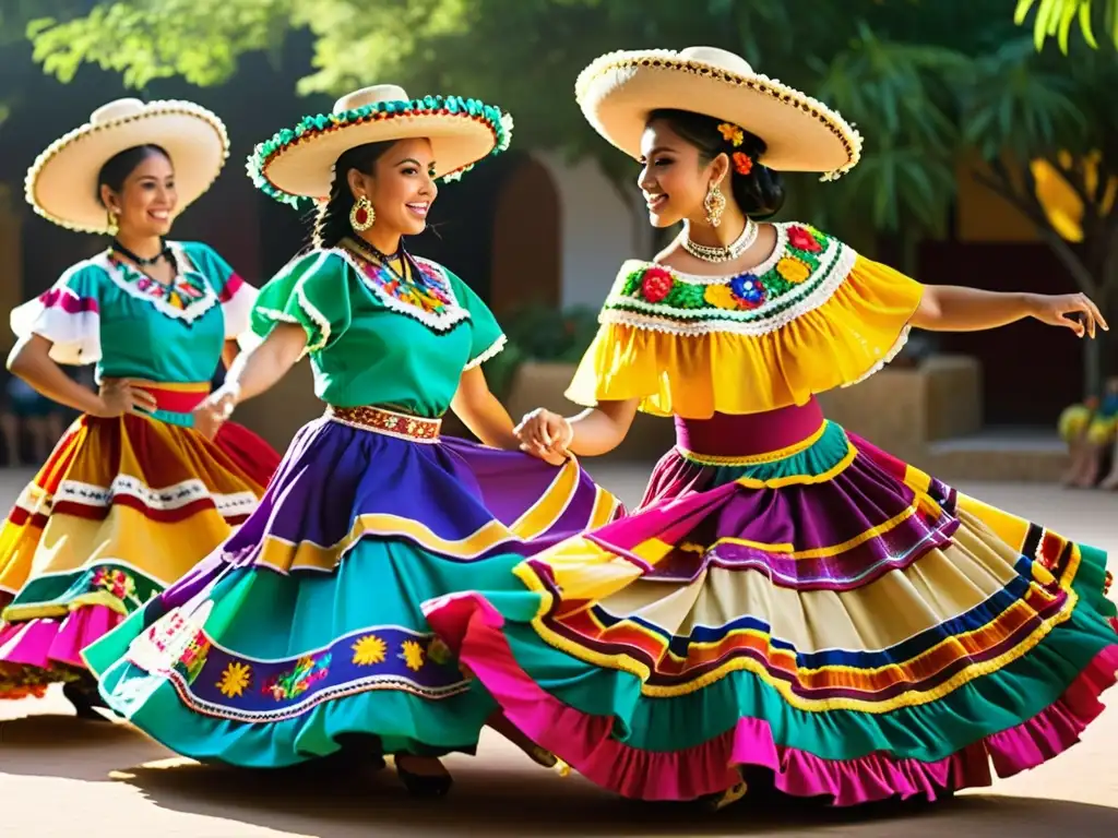 Grupo de bailarines mexicanos con indumentarias de danza tradicionales telas, colores vibrantes y movimientos llenos de energía