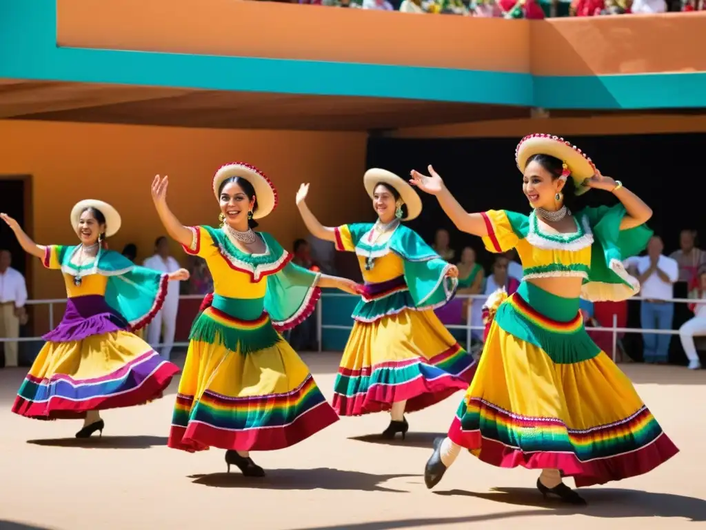 Grupo de bailarines mexicanos en trajes vibrantes en el Festival Folklorama, con movimientos dinámicos y expresiones alegres