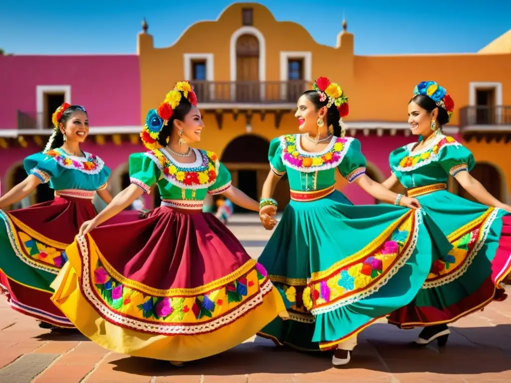 Grupo de bailarines mexicanos vistiendo trajes de danza tradicionales icónicos, bailando en la plaza del pueblo histórico