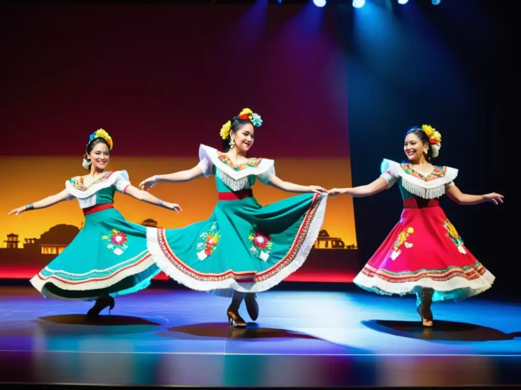 Grupo de bailarines mexicanos en trajes tradicionales vibrantes y coloridos, danza moderna con toques auténticos