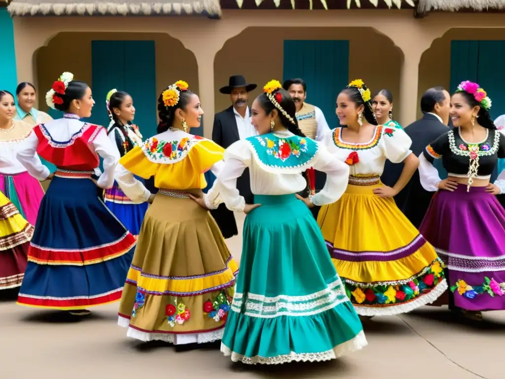 Grupo de bailarines mexicanos con trajes tradicionales coloridos danzando en la plaza del pueblo, mientras la multitud los observa con admiración