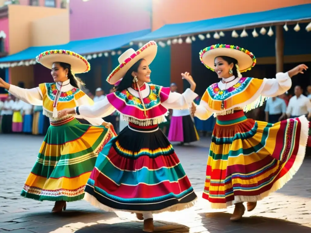 Grupo de bailarines mexicanos con trajes coloridos y bordados, danzando en el mercado