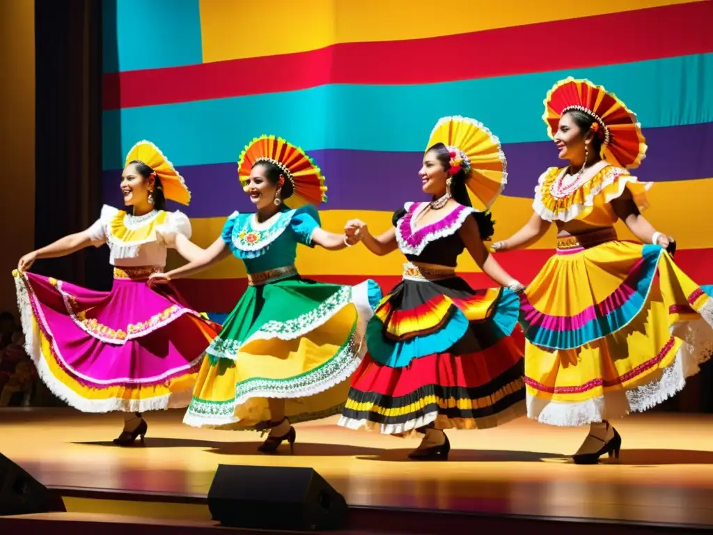 Grupo de bailarines mexicanos en trajes tradicionales, danza vibrante iluminada por luz dorada