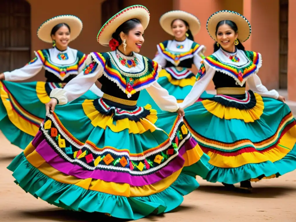 Grupo de bailarines mexicanos en trajes vibrantes y coloridos, expresando pasión y energía en una danza tradicional