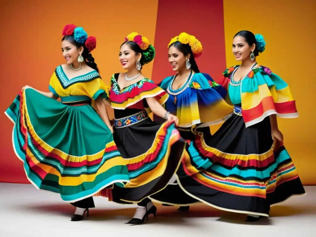 Grupo de bailarines mexicanos con trajes vibrantes y elaborados en movimiento, reflejando la moda de la danza tradicional