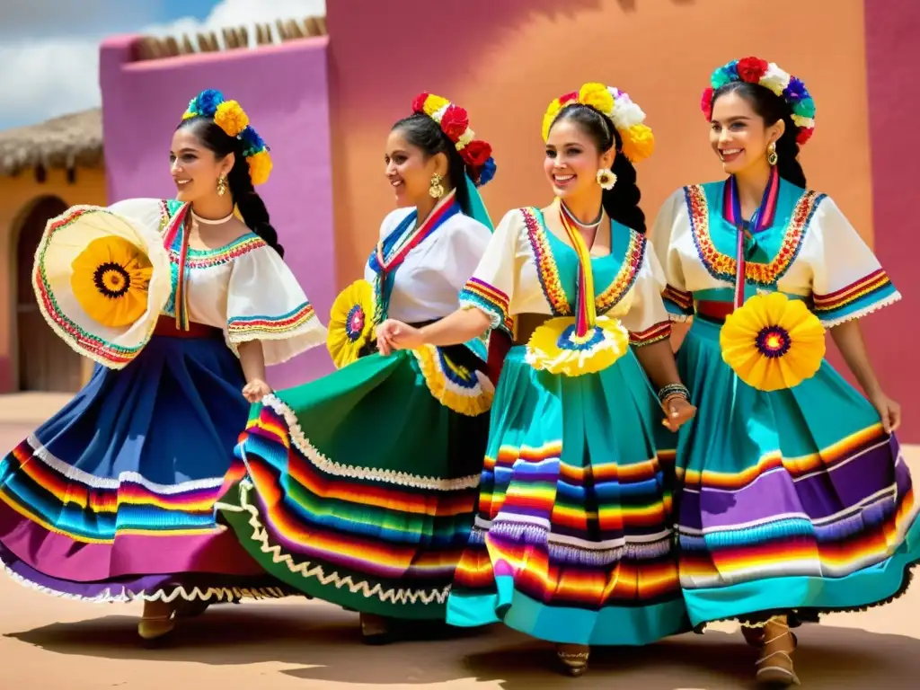 Grupo de bailarines mexicanos con trajes auténticos, exudando gracia y orgullo, resaltando la importancia de la indumentaria auténtica