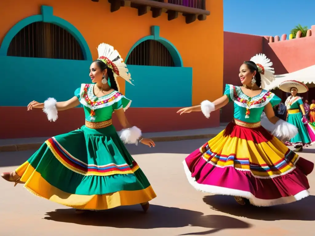 Grupo de bailarines mexicanos en trajes coloridos y plumas, danzando en una plaza al atardecer