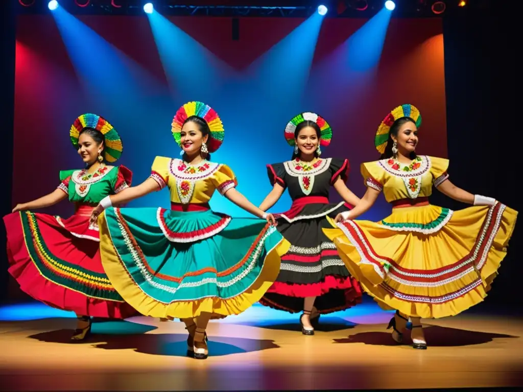 Grupo de bailarines mexicanos en trajes tradicionales vibrantes, fusionando la evolución del vestuario en danza tradicional con la era digital en un escenario moderno iluminado