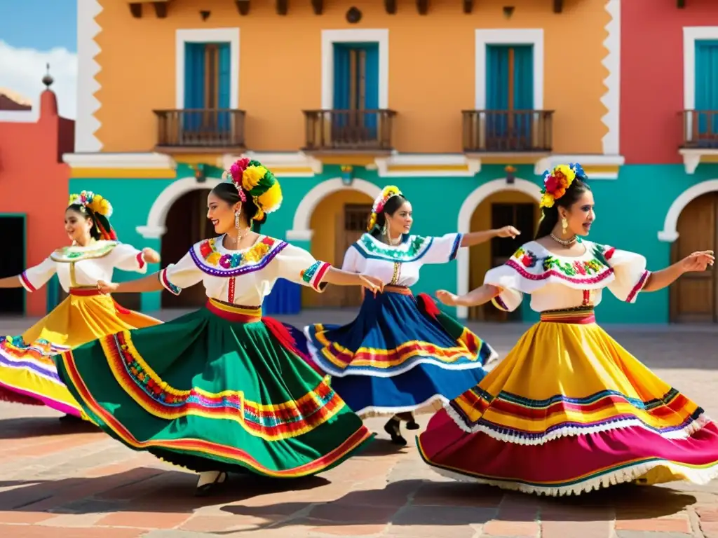 Grupo de bailarines mexicanos en trajes coloridos, ejecutando danza tradicional en la plaza