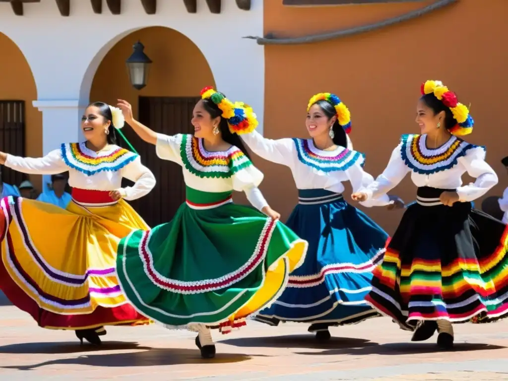 Grupo de bailarines mexicanos en trajes coloridos realizando una danza tradicional en la plaza