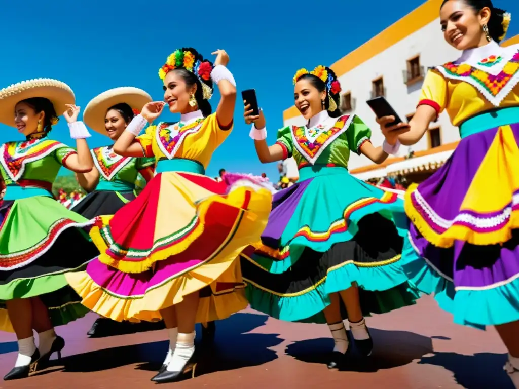 Un grupo de bailarines mexicanos en trajes vibrantes realiza una rutina en un festival cultural, mientras la multitud los anima y toma fotos