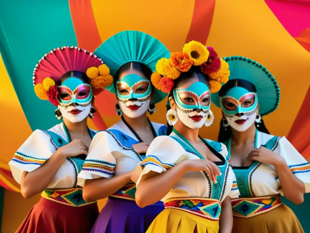 Grupo de bailarines mexicanos con trajes vibrantes y detallados, ejecutando danza tradicional