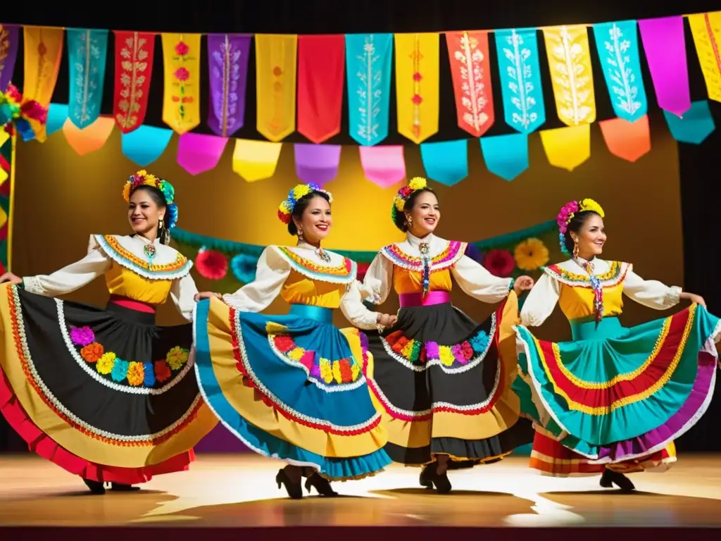 Grupo de bailarines mexicanos en trajes vibrantes en el Festival Internacional Folklore Zacatecas, con papel picado de colores y danza zapateado