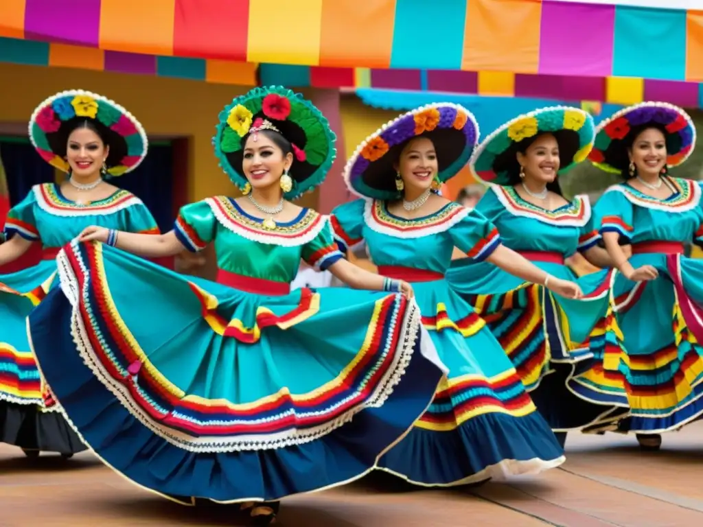 Grupo de bailarines mexicanos en trajes tradicionales de danza, desplegando coloridos y vibrantes movimientos de expresión cultural