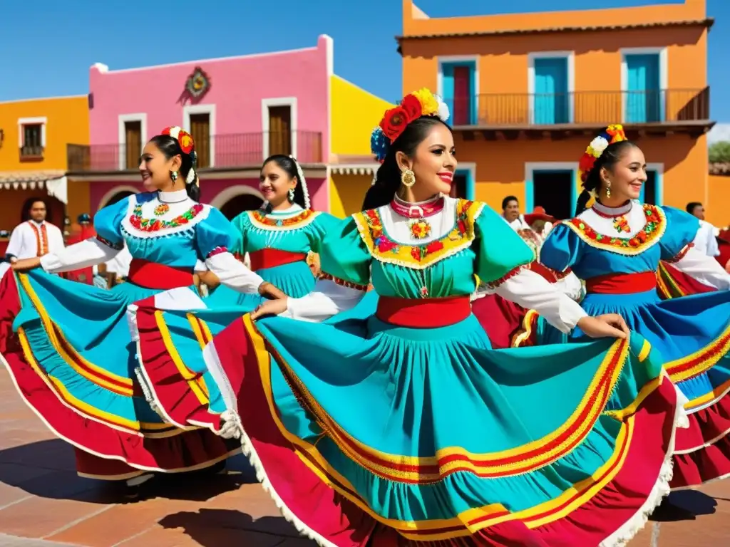 Grupo de bailarines mexicanos en trajes tradicionales realizando danza folklórica