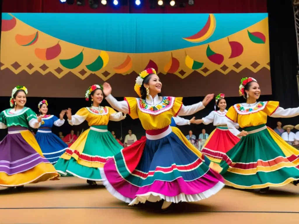 Grupo de bailarines mexicanos vistiendo trajes vibrantes, realizando danzas folklóricas en un festival colorido y lleno de energía