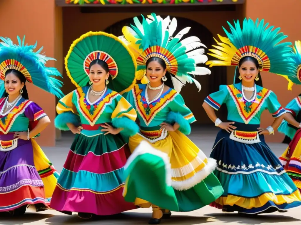 Grupo de bailarines mexicanos con trajes tradicionales detallados, plumas y joyería colorida, en una celebración festiva