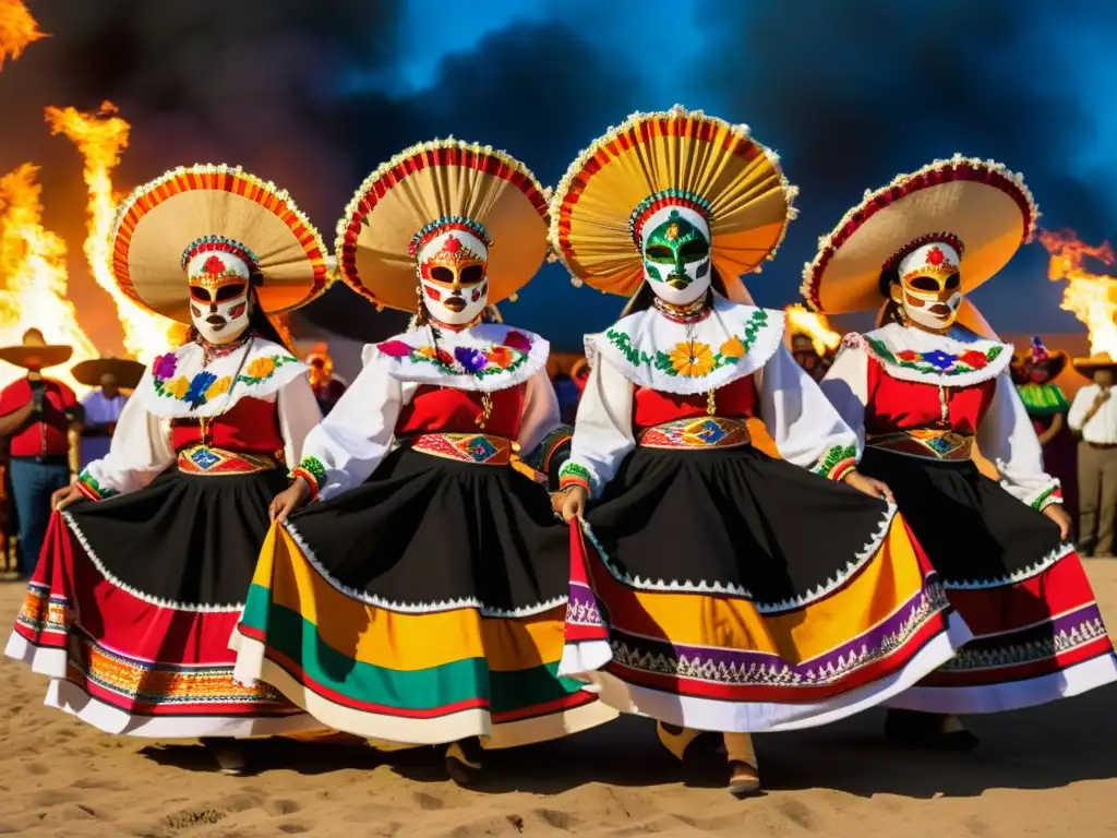 Grupo de bailarines mexicanos con zarapes coloridos danzando alrededor de una fogata, resaltando el significado del zarape en danza