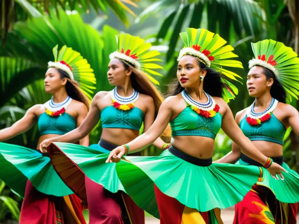 Grupo de bailarines de Micronesia en trajes tradicionales realizando danza