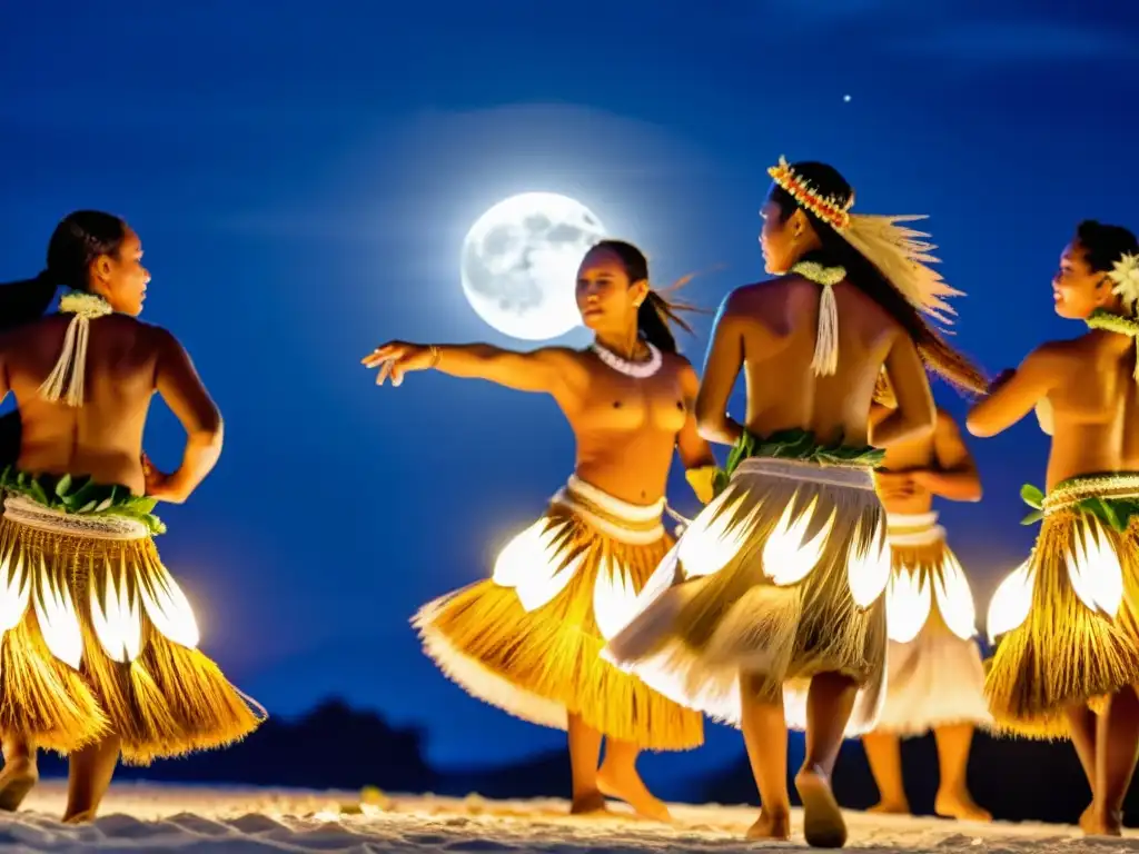 Grupo de bailarines de Micronesia con trajes tradicionales en el Festival de la Luna Llena de Pohnpei, danzando bajo la luz de la luna