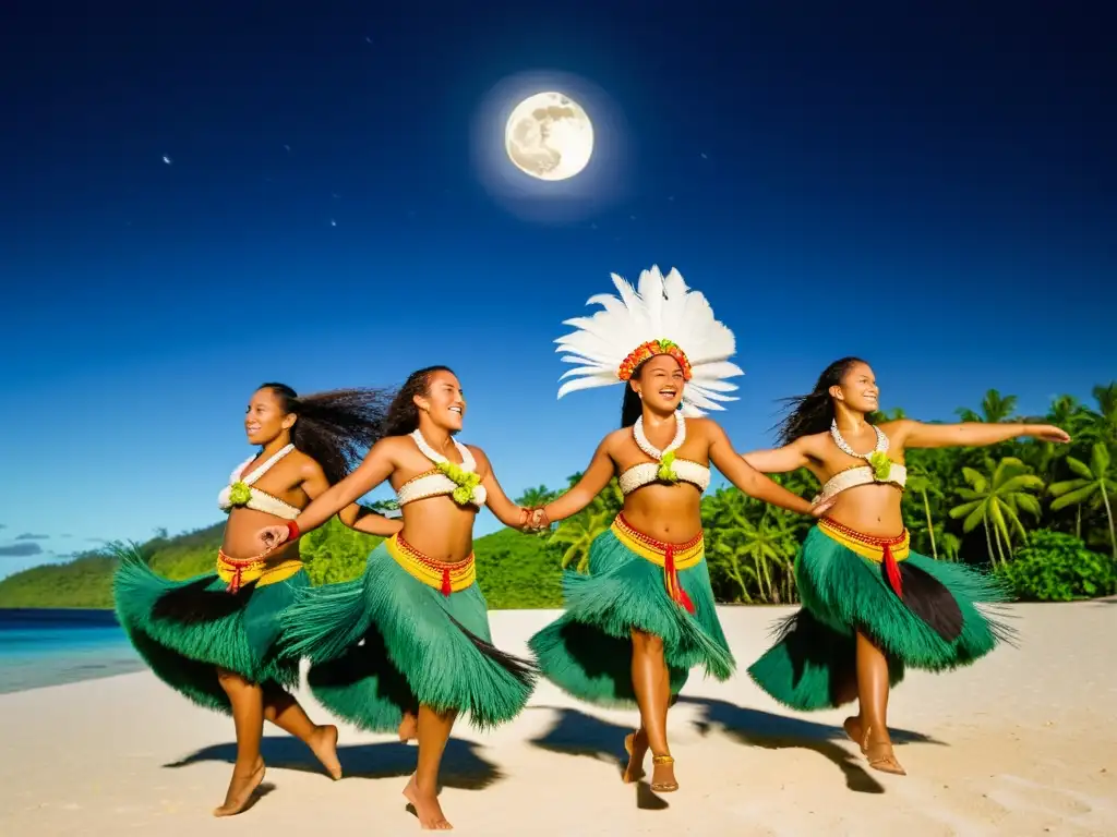 Grupo de bailarines micronesianos en el Festival de la Luna Llena de Pohnpei, con trajes coloridos y saltos gráciles bajo la luna tropical