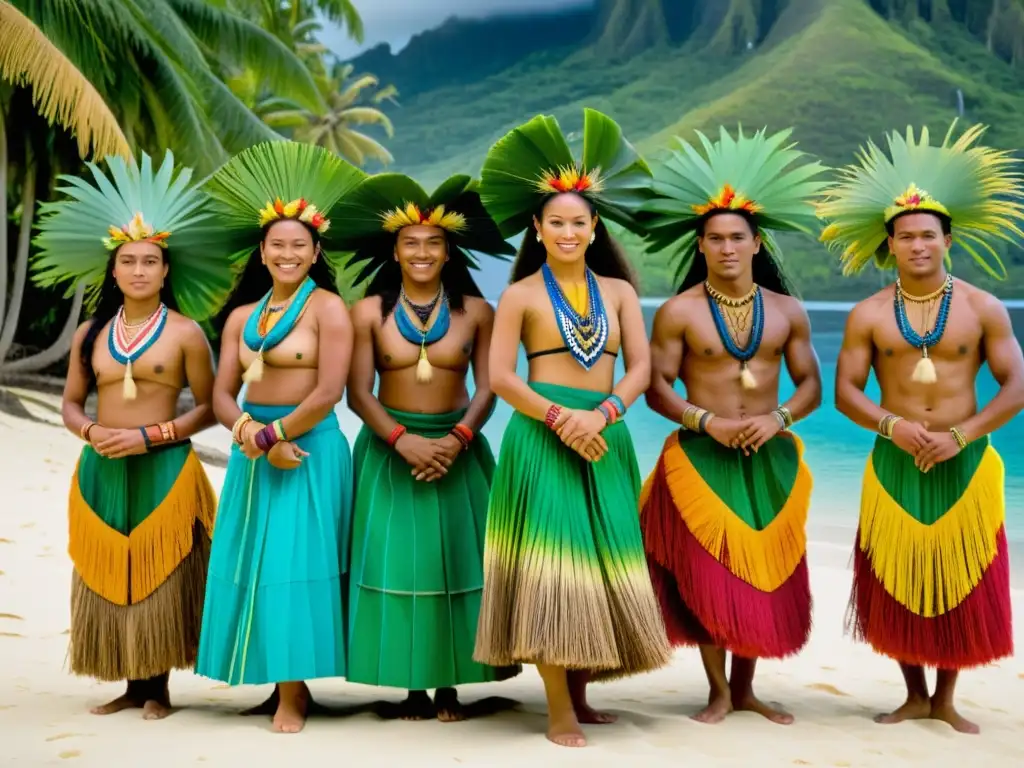 Grupo de bailarines micronesianos con trajes tradicionales, movimientos fluidos y la impactante vestimenta danza Micronesia